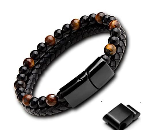 GENAC Bracelet Original Pour Homme En Perles De Pierres Naturelles 6mm Et Cuir Véritable De Haute Qualité Avec Fermoir Magnétique Amovible En Acier Inoxydable Pour Régler Facilement La Longueur Oeil d