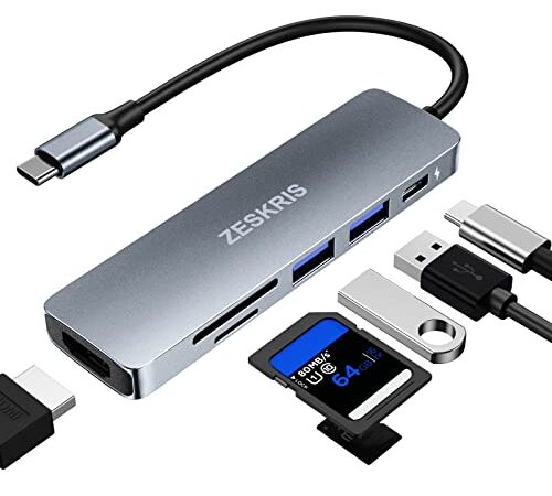 Hub USB C, ZESKRIS 6 en 1 Adaptateur Multiport pour MacBook, Hub USB alimenté avec lecteurs de Cartes SD/Micro SD 2 USB 3.0 4K HDMI 100W PD pour MacBook Air/Pro et Autres appareils de Type C…