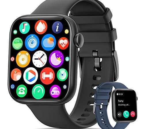 KIQULOV Montre Connectée Homme avec Appels Bluetooth Assistant Vocal, 1,8'' Smartwatch avec 123 Modes Sportifs/Bouton D'encodeur/Lecteur de Musique/Fréquence Cardiaque/SpO2/Sommeil pour Android iOS