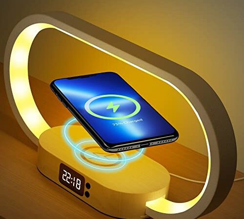 Lampe de Chevet Chargeur sans Fil, Lampe de Chevet Tactile avec Port USB Lampe de Table LED Dimmable avec 5 Couleurs et Horloge Digitale Lampe de Bureau Tactile pour Chambre