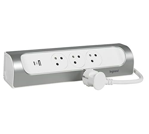 Legrand - Rallonge multiprise d'angle avec 3 prises Surface avec terre et USB Type-A+ Type-C avec cordon - blanc et alu