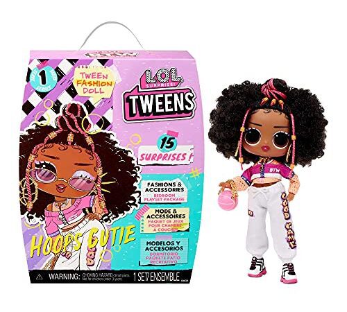 LOL Surprise Poupée Tweens – Découvrez 15 Surprises – Contient des tenues, des accessoires, 1 brosse à cheveux, 1 cintre, 1 socle & +- Idéal pour les enfants - Hoops Cutie