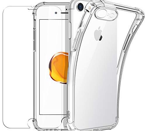 New&Teck Coque Pour iPhone SE 2022/SE 2020 et iPhone 8/7 (4,7) + [Verre Trempé Protection écran], Housse Etui en Transparent Silicone TPU Souple [Bumper avec Coins Renforcés], Protection Claire.