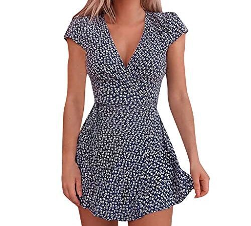 ORANDESIGNE Robes Casual Femme été Robe de Vacances Mini Robe à Fleurs Robe Sexy Taille Haute à Manches Courtes Robe à Col en V Robe de Plage Robe Courte en Mousseline de Soie E Bleu M