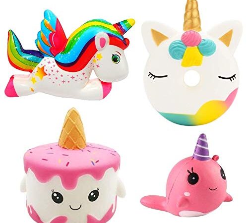 Pachocky 4 Pièces Licorne Squishy Jouet, Kawaii Soft Squishy Jouet pour Les Enfants et Les Adultes