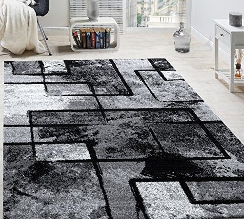 Paco Home Tapis Design Moderne Poils Ras Abstrait Peintures Effet Noir Gris Anthracite, Dimension:120x170 cm