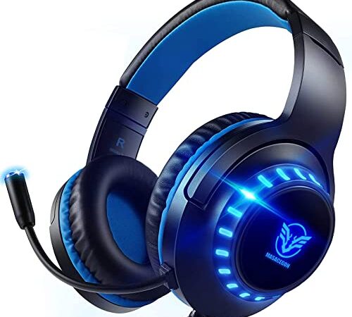 Pacrate Casque Gamer,Casque PS4 Gaming avec Micro Casque Audio Gamer pour PS5/Switch/Xbox one Filaire LED Lampe Stéréo Bass 3.5mm Son surround 7.1 Laptop Tablette Casque Audio Enfant (Noir Bleu)