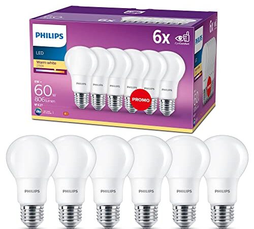 Philips ampoule LED Standard E27 60W Blanc Chaud Dépolie, 6 Unité (Lot de 1)