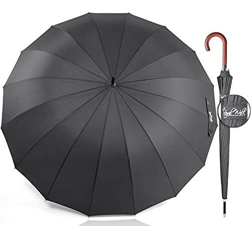 Royal Walk Parapluie Automatique pour Homme et Femme Résistant aux Vent, Solide, Anti Tempete, XXL Grand Taille, Parapluie Canne, De Golf, Pour 2 Personnes, Poignée en Bois, 16 Baleines, 120 cm