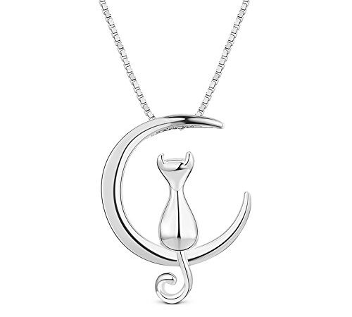 SHEGRACE Femme Collier avec Chat sur la Lune Pendentif en Argent 925 Sterling Plaqué Platine/Or Rose Chaîne, 400mm