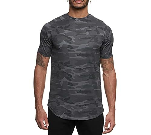 T-Shirt de Sport pour Homme, T-Shirt pour Fitness Respirant et Séchage Rapide Tee Shirt Athlétique Hauts à Manches Courtes de Entraînement Marathon Courir Gym - Camouflage Gris, L