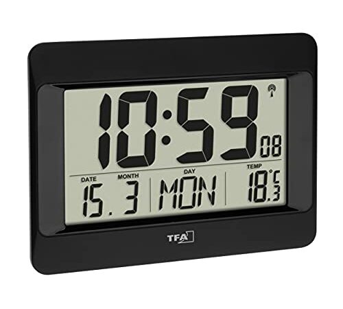 TFA Dostmann Horloge Murale numérique, 60.4519.01, avec température intérieure, Jour de la Semaine (réglable en français et 7 Autres Langues), Date, réglage du Fuseau horaire, Noir