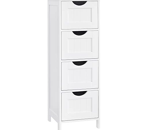 VASAGLE Meuble de Salle de Bain, Meuble de Rangement, Armoire sur Pied, avec 4 Tiroirs, 30 x 30 x 82 cm, pour Salle de Bain, Salon, Salle à Manger, Cuisine, Style Moderne, Blanc LHC40W