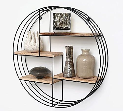 Vivol Etagere Murale Ronde en Métal Noir - Étagère Ronde - Etagere Murale Bois Metal - 4 Tablettes en Bois - 50x11 cm