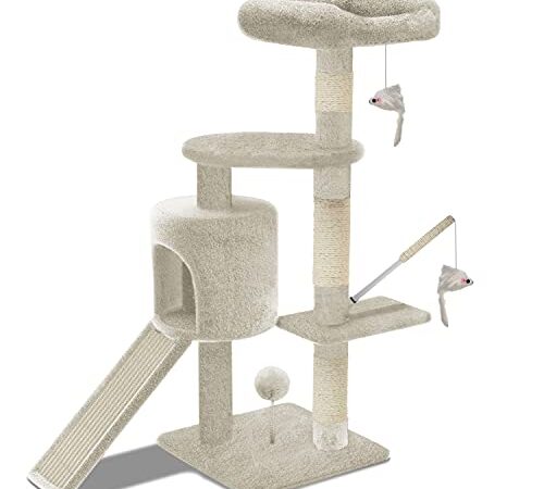 VOUNOT Arbre à Chat avec Griffoir L Arbre à Grimper pour Chat Centre d’Activités avec Niche et Plateformes pour Félins Hauteur 112cm Beige