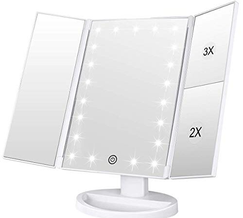 WEILY Miroir de Maquillage, 1x /2x/3x Miroir de Maquillage à Trois Volets avec 21 lumières LED et Miroir réglable à écran Tactile Miroirs de comptoir cosmétiques (Blanc)