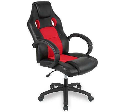 YIFAA Racing Chaise Moderne Confortable Ergonomique De Bureau en Similicuir PU Haute Dossier Siège Baquet Fauteuil Sport Gaming Pivotant pour Gamer Joueur Ordinateur (Noir + Rouge)