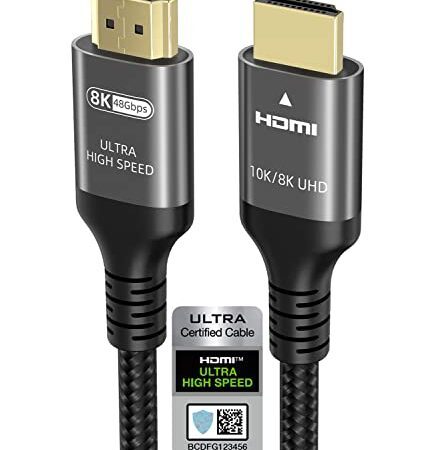 10K 8K 4K Câble HDMI 2m, Certifié Ultra Haut Débit HDMI 2.1 Câble 4k 120Hz 144Hz 10k 8k60Hz 48Gbps 1ms 12bit ARC eARC HDR Dynamique DTS:X Dolby Atmos Compatible avec Mac Soundbar TV PS5 Xbox Gaming PC