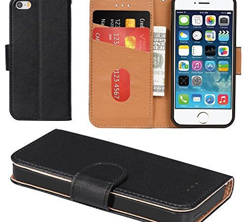 Aicoco Coque iPhone 5, Coque iPhone 5S, Étui Housse en Cuir Flip Case Cover pour Apple iPhone 5 / 5S / SE - Noir