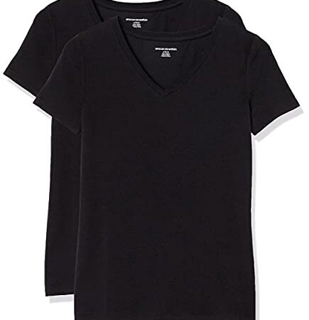 Amazon Essentials T-Shirt Col en v à Manches Courtes Coupe Classique Femme, Lot de 2, Noir, M