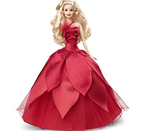 Barbie Poupée Mannequin Joyeux Noël 2022 (Cheveux Blonds Ondulés), avec Socle, avec robe rouge flamboyante, à collectionner, Jouet Enfant, Dès 6 ans, HBY03