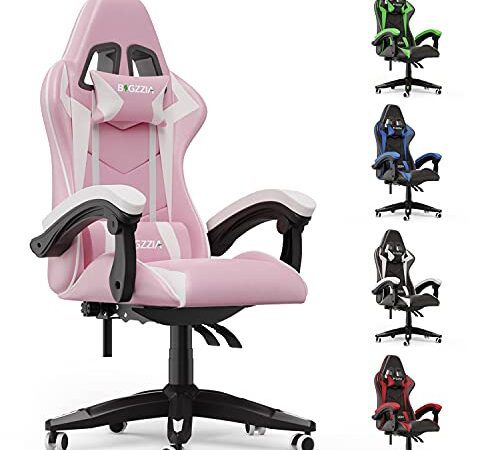 bigzzia Chaise de jeu, de bureau pivotante et robuste, design ergonomique avec coussin et support dorsal inclinable (rose et blanc)