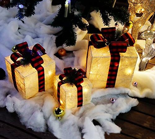 CCLIFE Boîtes à cadeaux lumineuses de Noël, lot de 3 boîtes à cadeaux à LED pour la décoration de Noël ou des fêtes. Décorations pour le mariage, la cour, la maison, les vacances et l'art.