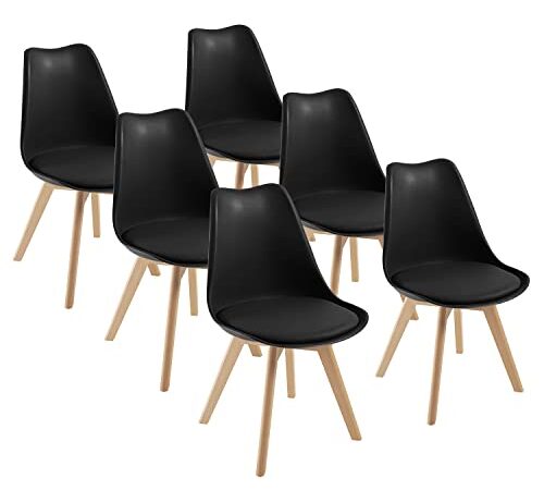 Chaises de Salle à Manger scandinave Lot de 6 DEWINNER, Chaise de Bureau rétro, Assise rembourrée en hêtre Massif (Black, Lot de 6)