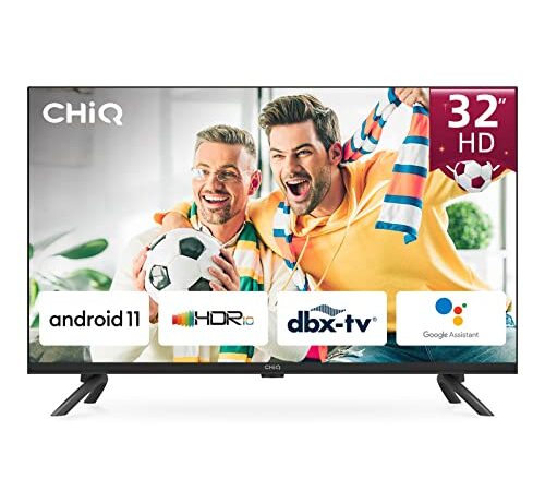 CHIQ L32G7L, 80cm (32 Pouces), télévision Android 11 Bord Ultra Fin, HDR, DBX-TV, Smart TV, Netflix, Prime Video, Youtube, Wi-FI 2.4/5G, Bluetooth, Chromecast, Google Assistant, DVB-T/T2/S2