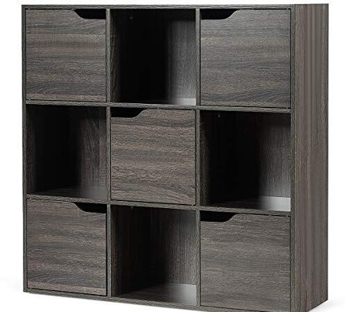 COSTWAY Bibliothèque de Rangement, Cube de Rangement 4 Ouvert et 5 Fermé, Idéal pour Salon, Chambre, Entrée Etc. 90 x 29 x 90 cm (Gris Foncé)