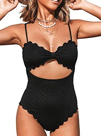 CUPSHE Femme Maillot de Bain 1 Pièce Festonné à Découpes Texturé Swimsuit Maillot 1 Pièce Maillot de Bain Noir M