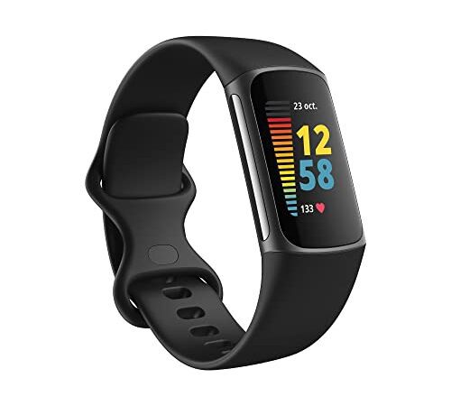 Fitbit Charge 5 Bracelet d’activité avec abonnement de 6 mois à Premium inclus, jusqu’à 7 jours d’autonomie de batterie et score d’aptitude quotidienne, Noir/acier inoxydable graphite, Taille unique