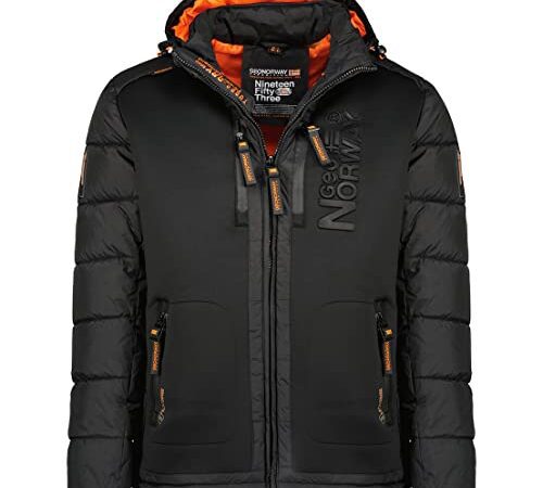 Geographical Norway, Doudoune pour Homme BIMATIERE, CONTRASTEE ET MATELASSEE, avec Capuche ET 2 Poches ZIPPEES, EMPIECEMENTS Contrastes sur Coudes, MODELE Beachwood,Noir,M