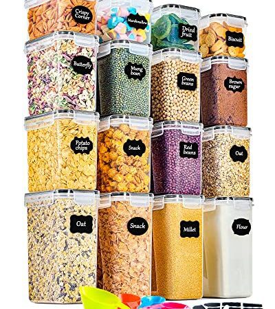 GoMaihe Boite de Rangement Cuisine Lot de 16, Bocaux Hermetiques Alimentaires en Plastique Scellée avec Couvercle, Pour Stocker les Cereales, Pâtes, Farine, Nourriture pour Animaux de Compagnie