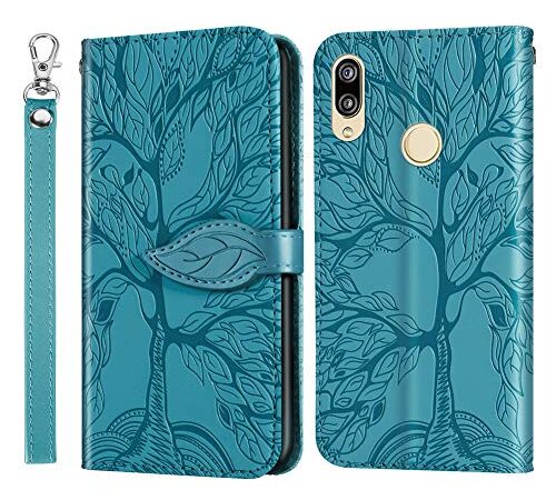 IMEIKONST Coque Compatible avec Huawei P Smart 2019, Flip Étui PU Cuir [Porte-Cartes de Crédit] Portefeuille [Magnétique] Étui à Rabat Housse Coque pour Huawei Honor 10 Lite. Tree Blue RXZ