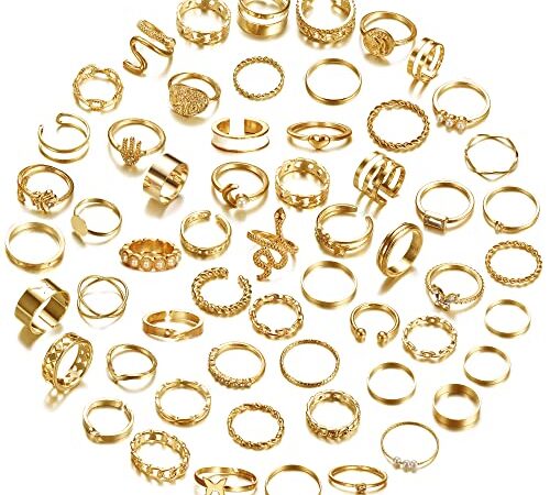 JeweBella 58 PCS Vintage Knuckle Bague Femme Ensemble Empilable Bohème Réglable Serpent Perle Papillon Sculptées Creuses Argent/Or Phalange Anneaux Bijoux