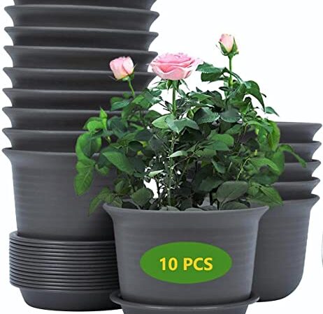 KAHEIGN 10 Pièces Pots De Fleurs En Plastique, 15cm Épaissir Pots De Fleurs Conteneur De Plantes Pot De Jardinage D'intérieur Avec Palette De Drainage (noir)