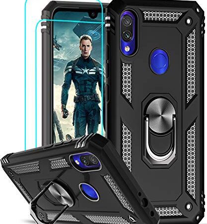 LeYi Coque pour Xiaomi Redmi Note 7/Note 7 Pro avec [2 Verre Trempé], Anneau Support Double Couche Renforcée Défense Bumper Antichoc Armure Housse Etui pour Xiaomi Redmi Note 7/Note 7 Pro Noir