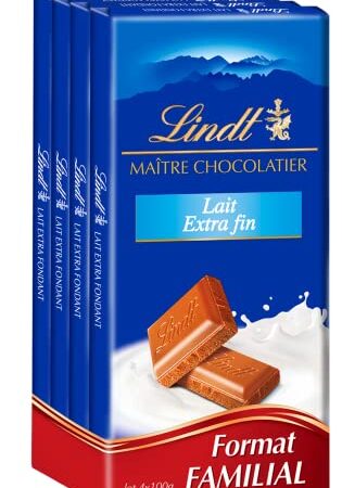 Lindt - Lot de 4 Tablettes MAÎTRE CHOCOLATIER - Chocolat au Lait Extra-fin, 4x100g