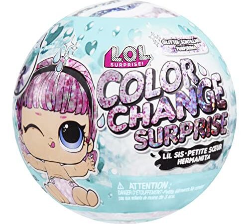 LOL Surprise Glitter Poupée petite sœur avec changement de couleur & 5 Surprises - ASSORTIMENT ALÉATOIRE- Avec 1 poupée de collection, des tenues brillantes & accessoires – Dès 4 ans