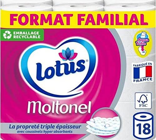 Lotus Moltonel Papier Toilette 3 Épaisseurs Blanc avec coussinets absorbants, 18 Rouleaux