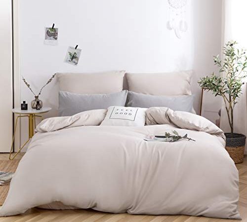 MOHAP Housse de Couette 240x260cm+2 Taies d'oreillers 65x65cm Beige Parure de Lit Adulte 2 Personnes 100 Fils/cm² en Microfibre avec Fermeture Éclair