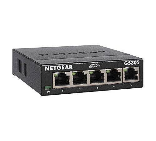 NETGEAR (GS305) Switch Ethernet 5 Ports RJ45 Métal Gigabit (10/100/1000), switch RJ45,Plug-and-Play, fonctionnement silencieux, positionnement sur un bureau ou au mur, idéal à domicile ou PME