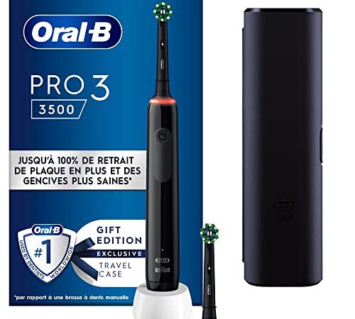 Oral-B Pro 3 3500 Brosse à Dents Électrique, 1 Étui De Voyage, 2 Brossettes, Jusqu’à 100 % D’élimination de la Plaque Dentaire, Noir