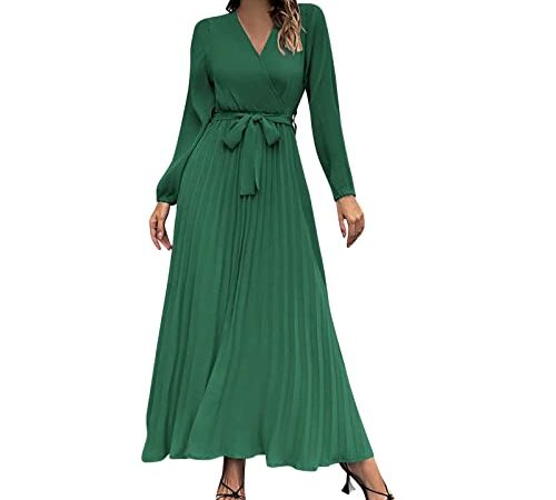 Robe Automne et hiver De Soiree Femme Grande Taille Automne et hiver femmes à manches longues col en V robe plissée une ligne jupe dans la longue jupe Mini Jupe Chic Et Elegant # K8mHOlJdv Vert M