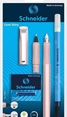 Schneider 74869 Ceod Shiny Kit d'écriture avec stylo plume, stylo roller, effaceur d'encre, pour droitiers et gauchers, plume M, avec cartouches d'encre bleu roi, couleur rose vif