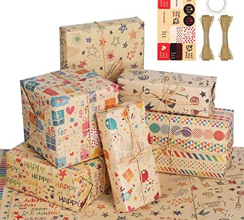 Simpeak Papier Cadeau Kraft, 6Pcs 50 * 70 CM Emballage Cadeau Papier Brun, Papier Anniversaire d'Emballage avec Autocollant + Corde D'emballage + Ruban Adhésif Double Face