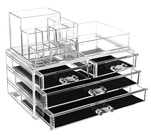 SONGMICS Organiseur de Maquillage, avec boîte de Rangement en matière Acrylique avec 2 présentoirs et 4 Grands tiroirs, 24 x 13,5 x 18,5 cm
