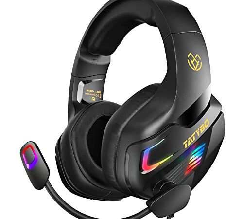 Tatybo Casque Gaming PS4, Casque Gamer Xbox One avec Microphone Réglable Anti Bruit, Casque Gaming avec RGB LED Lampe Stéréo Basse pour PC PS5 PS4 Xbox One Switch