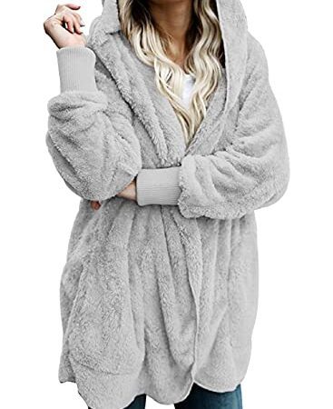 Tuopuda Femme Veste Polaire Manteau Manches Longues Sweats à Capuche Blouson Automne Hiver Chaud Cardigan Pull Hooded Coat avec Poche Couleur Unie sans Fermeture Éclair, Gris, XXL